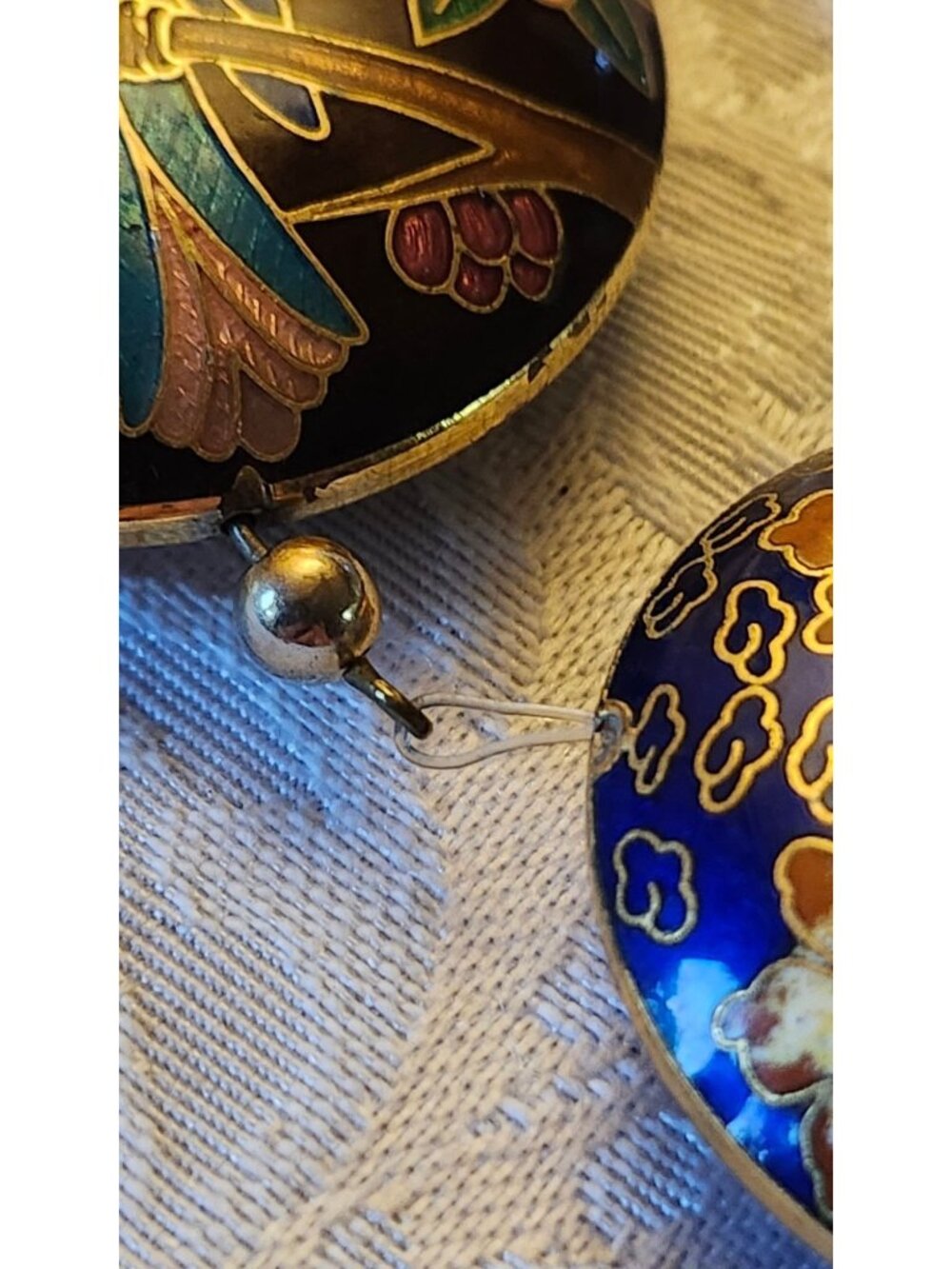 Vintage Cloisonné Double Pendant Necklace With Parrot & Floral Motif  Royal Blue - Picture 7 of 9